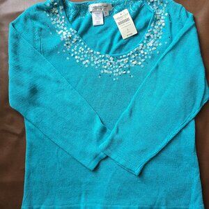 Coldwater Creek Sm Ladies lightweight beaded sweater. Teal. NWT